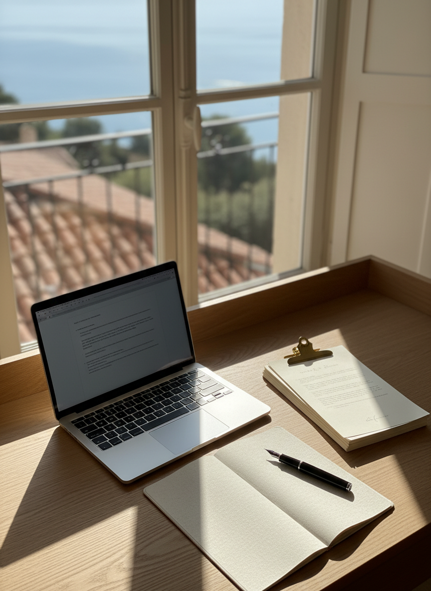 Inside a stylish Nice apartment, a wooden writing desk positioned near tall French windows holds the tools of a wedding celebrant: a sleek laptop displaying a blurred document, a stack of neatly arranged ceremony drafts clipped together, and a fine nib pen resting on a linen notepad. Through the windows, the soft blues of the Mediterranean and tiled rooftops of the Côte d’Azur are visible but gently out of focus. Morning light streams in, creating refined, diagonal shadows across the desk’s smooth oak grain and catching the edges of the creamy paper. Photographed from an overhead, three-quarter angle, the image feels calm, thoughtful, and professional, highlighting the craft of creating intimate, personalized English-language ceremonies in a sophisticated, modern, photographic style.