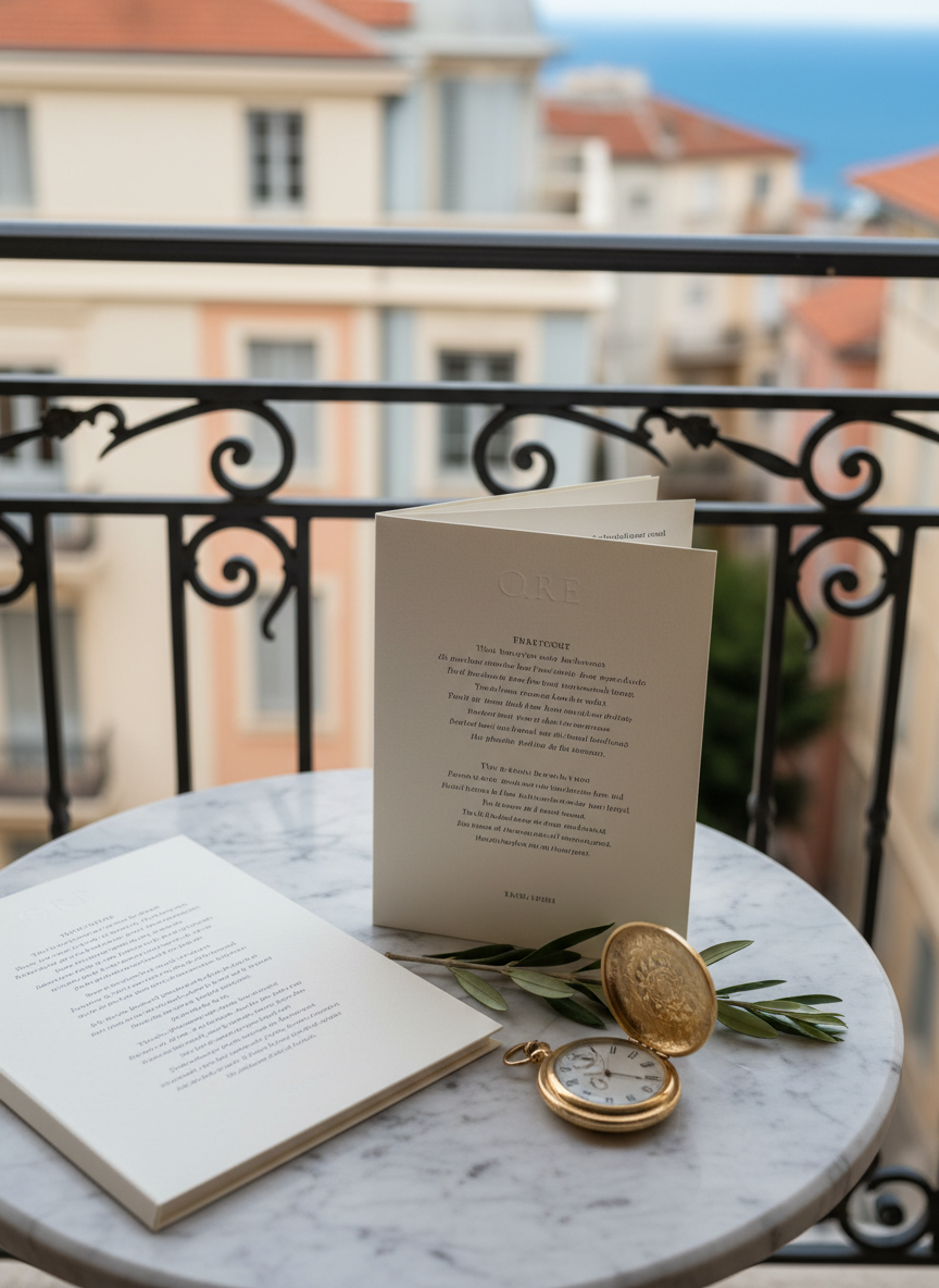 An elegant ceremony booklet resting on a marble-topped table on a shaded Nice balcony, beside an olive sprig and a vintage gold pocket watch — evoking a bespoke, personalized ceremony script.