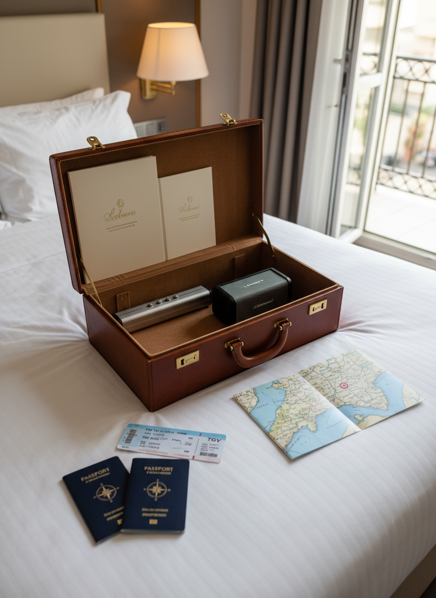 A polished travel-ready celebrant kit laid out on a crisp white hotel bedspread in a boutique Côte d’Azur hotel room: a structured leather briefcase slightly open to reveal ceremony folders, a slim microphone case, and a compact portable speaker. Beside it are elegant navy-blue passport covers, neatly folded train tickets, and a small map of the French Riviera with Nice subtly highlighted. Soft, warm light from a bedside lamp and a distant balcony door creates a gentle interplay of shadows on the textured fabric and leather surfaces. Captured from a bird’s-eye view, the composition is tidy and balanced, evoking readiness, discretion, and the ease of a celebrant who travels to create beautiful, intimate elopement ceremonies along the coast.