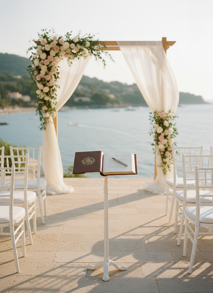 A beautifully arranged wedding ceremony setup on a secluded Côte d’Azur terrace overlooking the Mediterranean Sea, with elegant white chairs in two neat rows facing a simple, refined arch draped in soft ivory fabric and pale blush flowers. A slim pedestal holds a leather-bound ceremony script and a classic fountain pen, suggesting an English-language celebrant’s presence. Late-afternoon golden sunlight bathes the stone terrace, creating gentle, elongated shadows and a warm, sophisticated glow on the pale blue water below. Photographed at eye level with a shallow depth of field, the focus rests on the script and arch, while the coastline and distant villas blur softly in the background, creating a calm, luxurious, and intimate atmosphere in photographic realism.