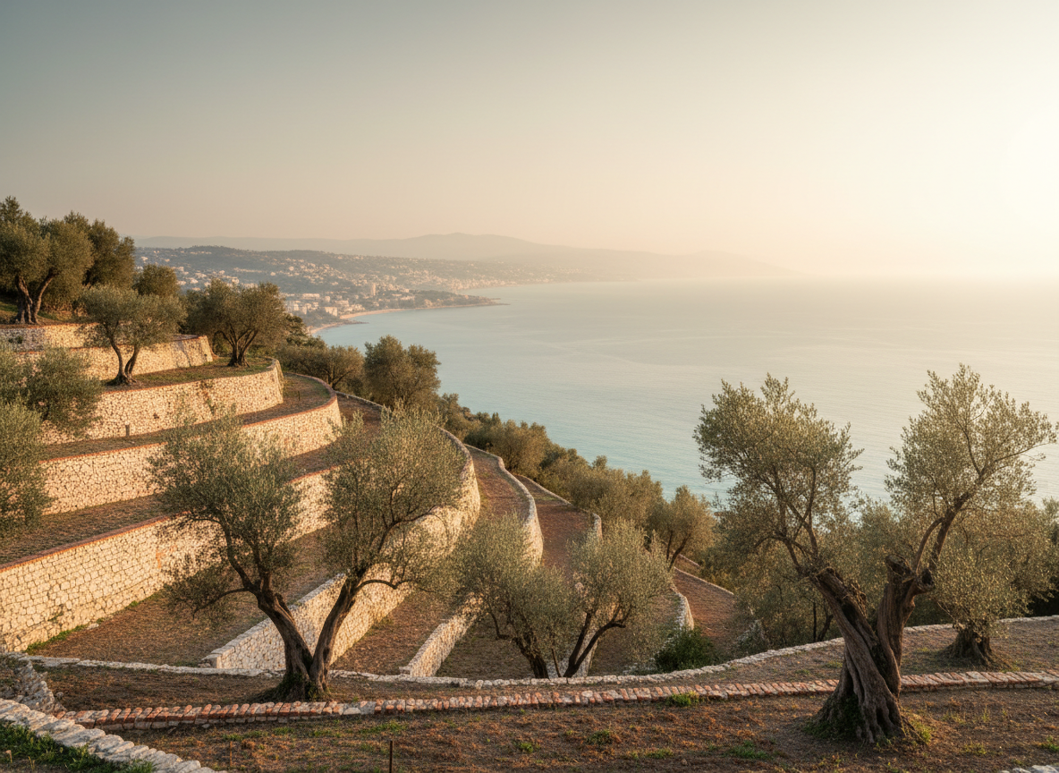 Côte d'Azur coastline at golden hour, olive terraces above a calm turquoise sea